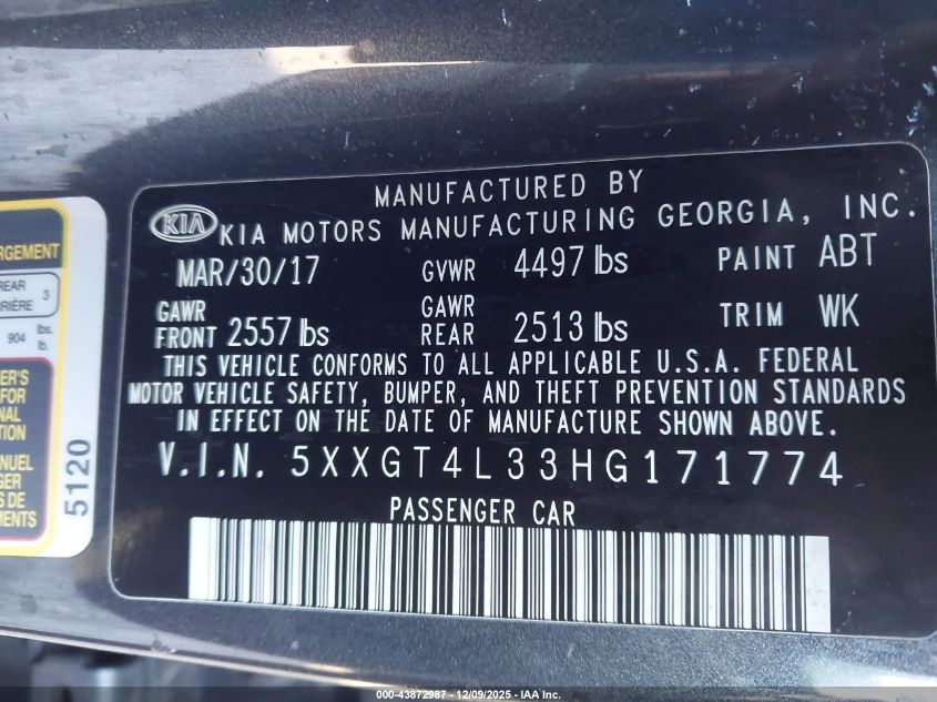 2017 Kia Optima Lx VIN: 5XXGT4L33HG171774 Lot: 43872987