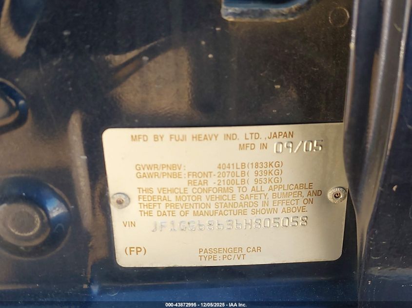 2006 Subaru Impreza Outback Sport VIN: JF1GG68636H805058 Lot: 43872995