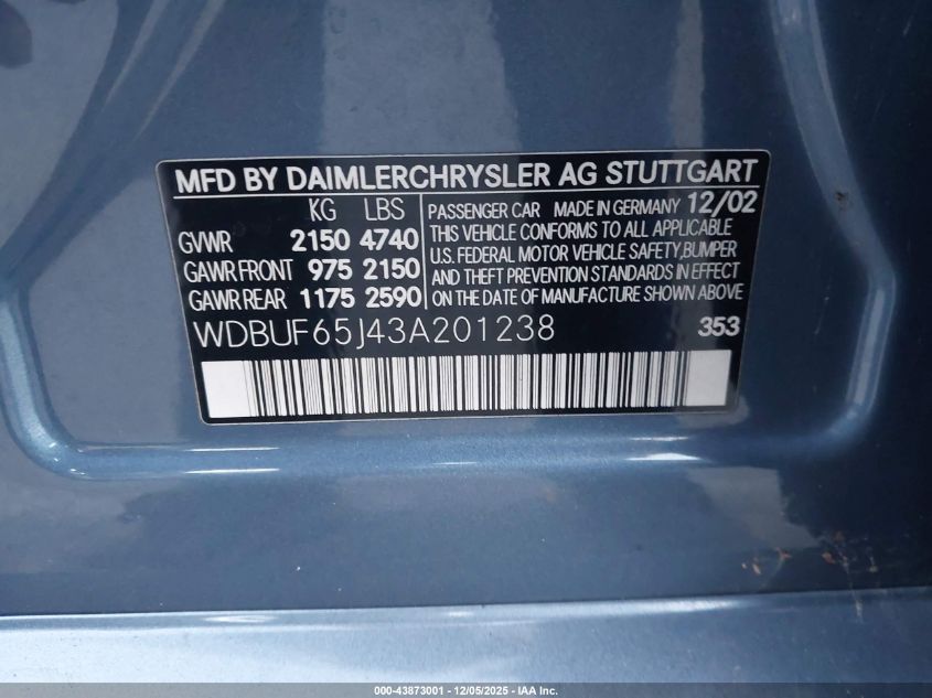 2003 Mercedes-Benz E 320 VIN: WDBUF65J43A201238 Lot: 43873001