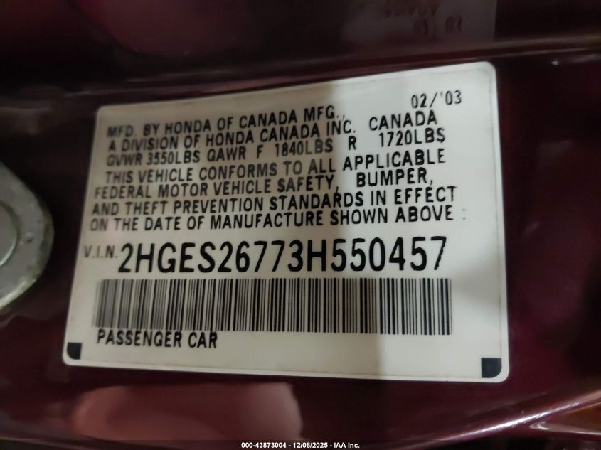 2003 Honda Civic Ex VIN: 2HGES26773H550457 Lot: 43873004