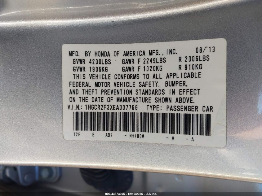 2014 Honda Accord Lx VIN: 1HGCR2F3XEA007766 Lot: 43873005