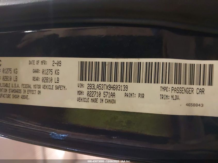2009 Dodge Charger R/T VIN: 2B3LA53TX9H603139 Lot: 43873006