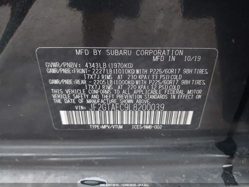 2020 Subaru Crosstrek Premium VIN: JF2GTAEC9L8200039 Lot: 43873010