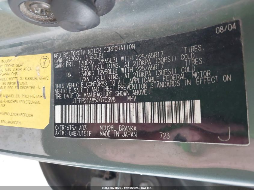 2005 Toyota Highlander Limited V6 VIN: JTEEP21A850070398 Lot: 43873026