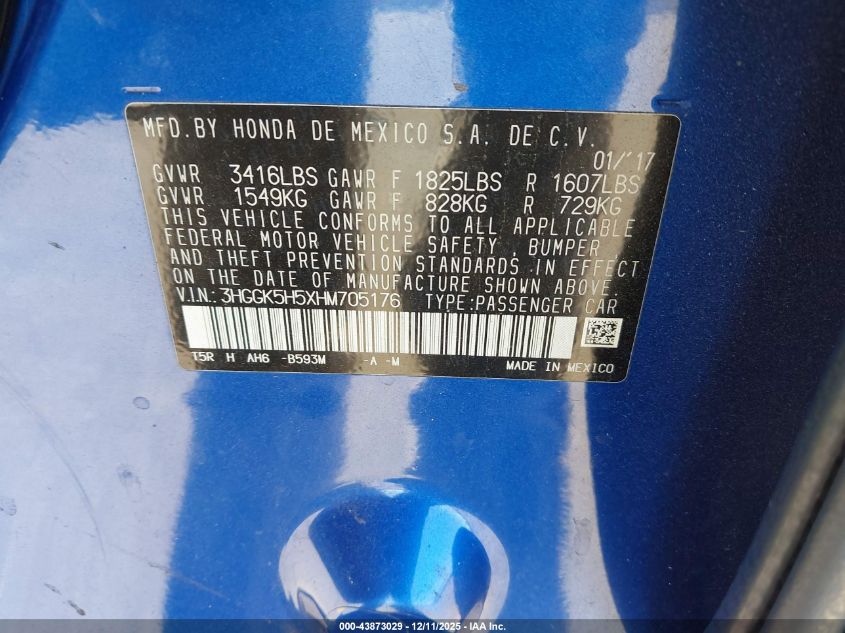 2017 Honda Fit Lx VIN: 3HGGK5H5XHM705176 Lot: 43873029