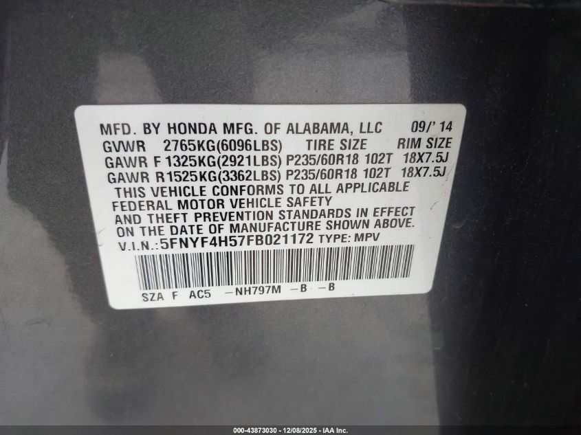 2015 Honda Pilot Ex-L VIN: 5FNYF4H57FB021172 Lot: 43873030