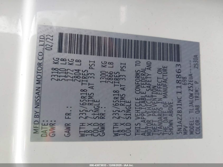 2022 Nissan Murano Sv Fwd VIN: 5N1AZ2BJ1NC118863 Lot: 43873033