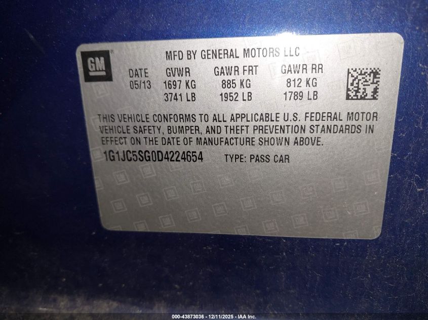 2013 Chevrolet Sonic Lt Auto VIN: 1G1JC5SG0D4224654 Lot: 43873036