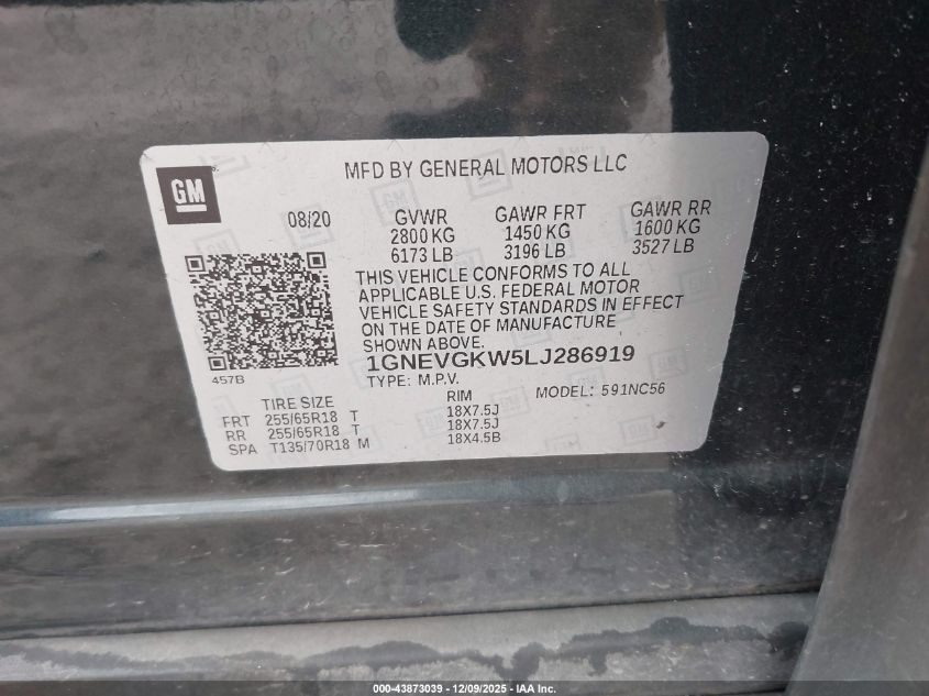 2020 Chevrolet Traverse Awd Lt Cloth VIN: 1GNEVGKW5LJ286919 Lot: 43873039