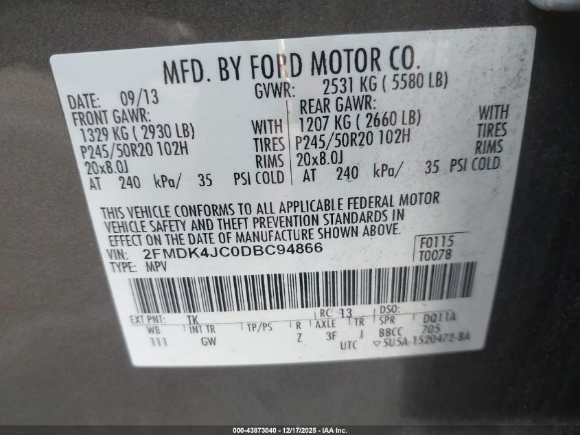 2013 Ford Edge Sel VIN: 2FMDK4JC0DBC94866 Lot: 43873040