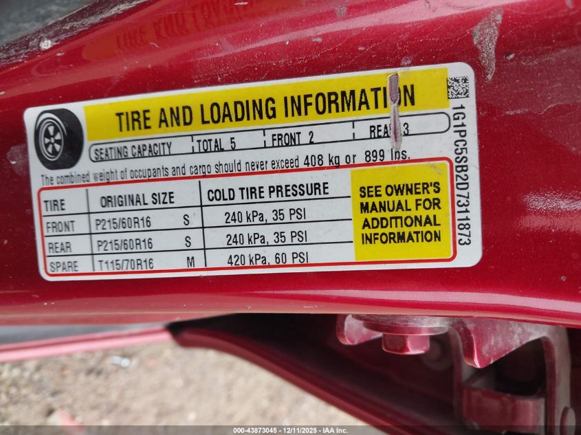 2013 Chevrolet Cruze 1Lt Auto VIN: 1G1PC5SB2D7311873 Lot: 43873045