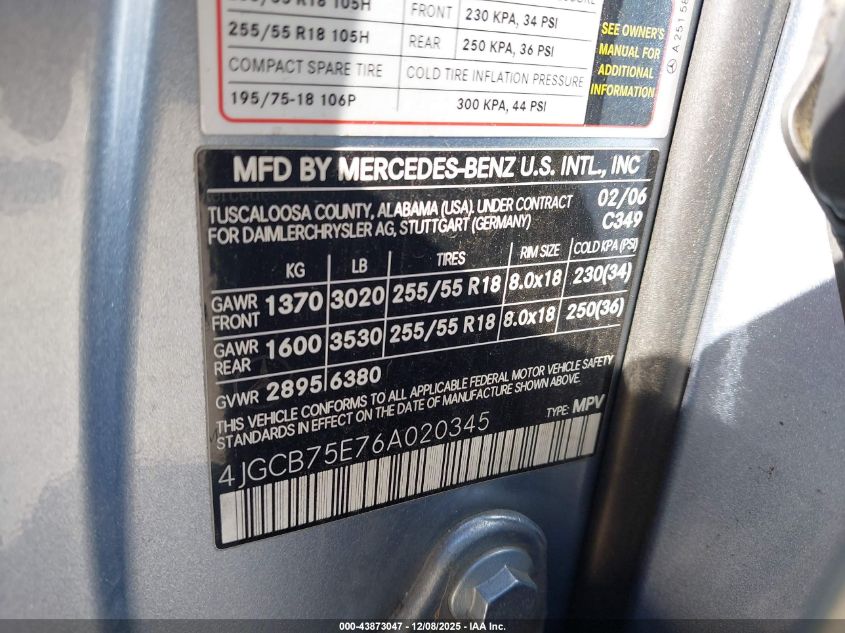 2006 Mercedes-Benz R 500 4Matic VIN: 4JGCB75E76A020345 Lot: 43873047