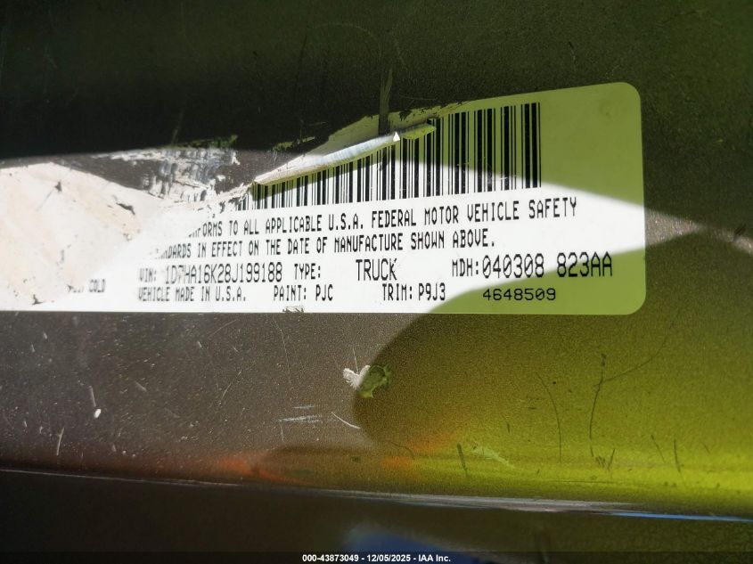 2008 Dodge Ram 1500 St/Sxt VIN: 1D7HA16K28J199188 Lot: 43873049