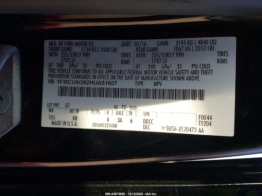 2017 Ford Escape Se VIN: 1FMCU9G92HUA51607 Lot: 43873050