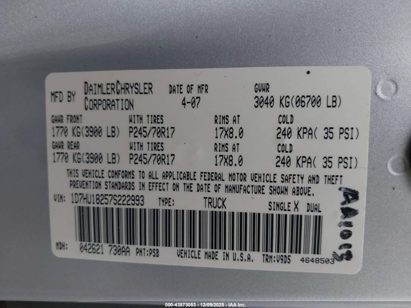 2007 Dodge Ram 1500 Slt/Trx4 Off Road/Sport VIN: 1D7HU18257S222993 Lot: 43873053
