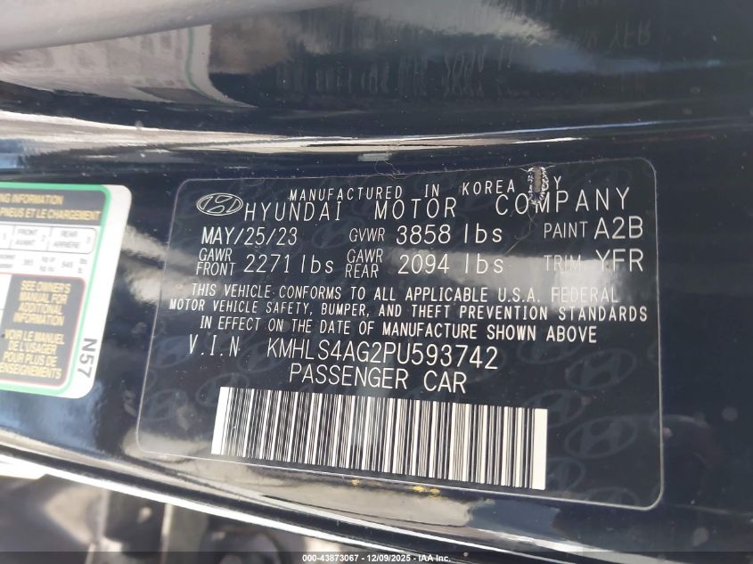 2023 Hyundai Elantra Sel VIN: KMHLS4AG2PU593742 Lot: 43873067