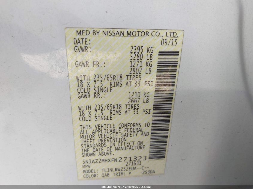 2015 Nissan Murano Sl VIN: 5N1AZ2MHXFN271323 Lot: 43873070