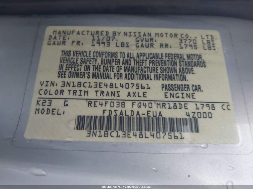 2008 Nissan Versa 1.8S VIN: 3N1BC13E48L407561 Lot: 43873075