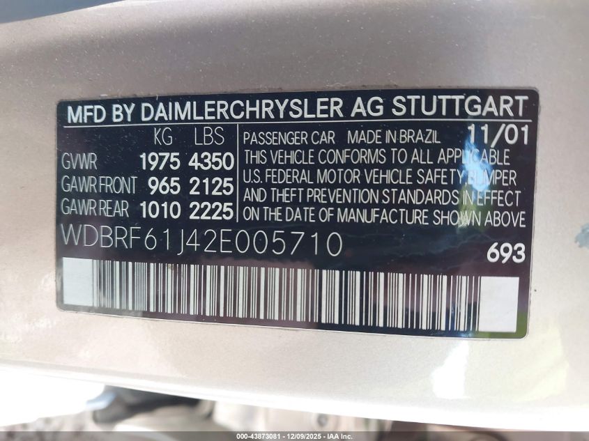 2002 Mercedes-Benz C 240 VIN: WDBRF61J42E005710 Lot: 43873081