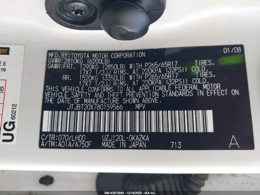 2008 Lexus Gx 470 VIN: JTJBT20X780159566 Lot: 43873089