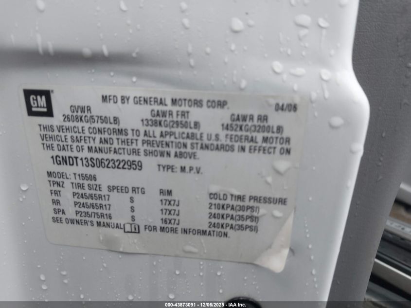 2006 Chevrolet Trailblazer Lt VIN: 1GNDT13S062322959 Lot: 43873091