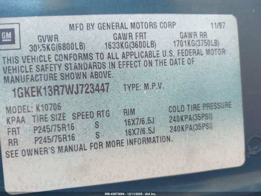 1998 GMC Yukon Slt VIN: 1GKEK13R7WJ723447 Lot: 43873094