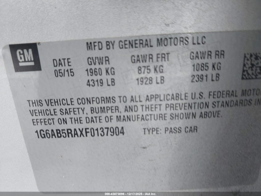 2015 Cadillac Ats Luxury VIN: 1G6AB5RAXF0137904 Lot: 43873096