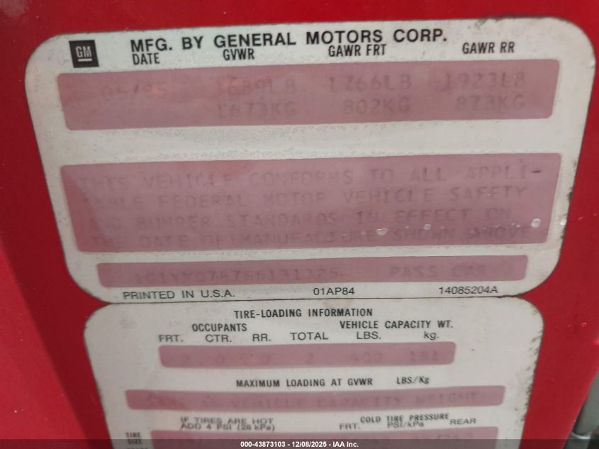 1985 Chevrolet Corvette VIN: 1G1YY0787F5131325 Lot: 43873103