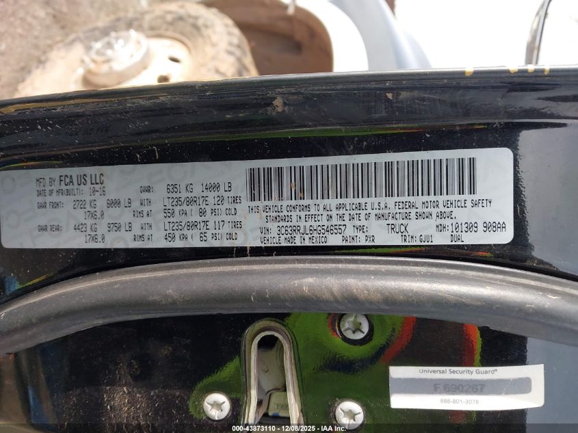 2017 Ram 3500 Laramie 4X4 8' Box VIN: 3C63RRJL6HG546557 Lot: 43873110