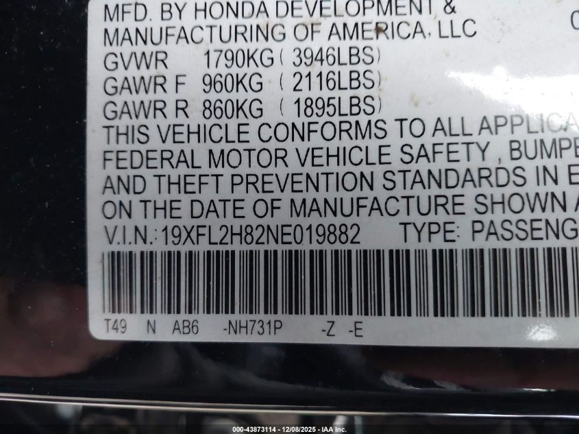 2022 Honda Civic Sport VIN: 19XFL2H82NE019882 Lot: 43873114