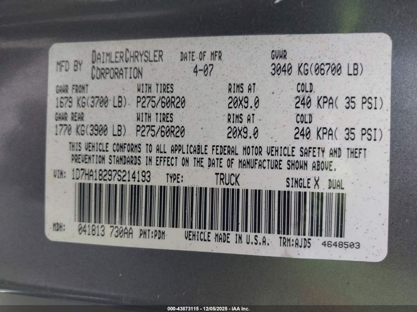 2007 Dodge Ram 1500 Slt VIN: 1D7HA18297S214193 Lot: 43873115