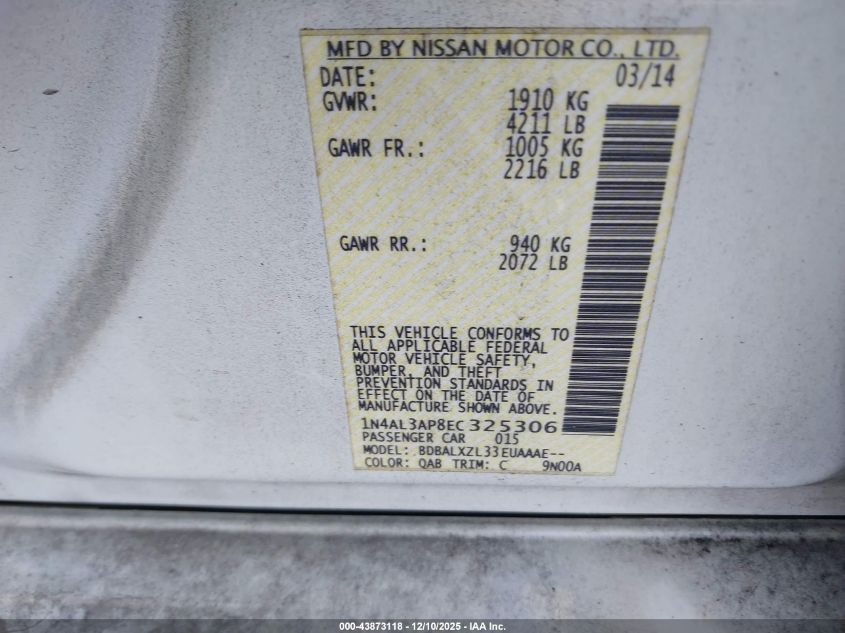 2014 Nissan Altima 2.5/2.5 S/2.5 Sl/2.5 Sv VIN: 1N4AL3AP8EC325306 Lot: 43873118