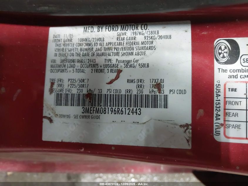 2006 Mercury Milan V6 Premier VIN: 3MEFM08196R612443 Lot: 43873124