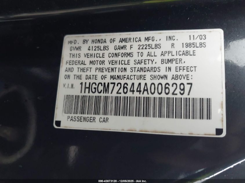 2004 Honda Accord Cpe Ex VIN: 1HGCM72644A006297 Lot: 43873128