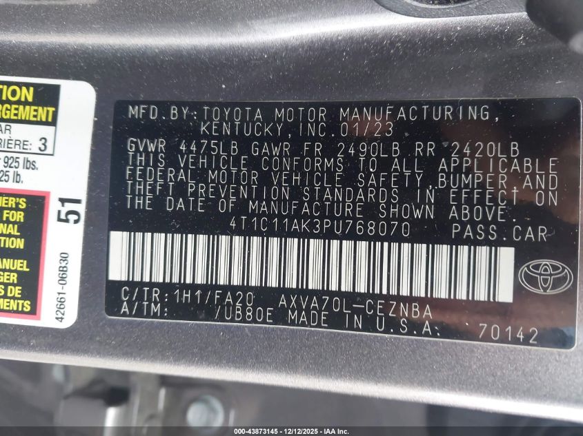 2023 Toyota Camry Le VIN: 4T1C11AK3PU768070 Lot: 43873145