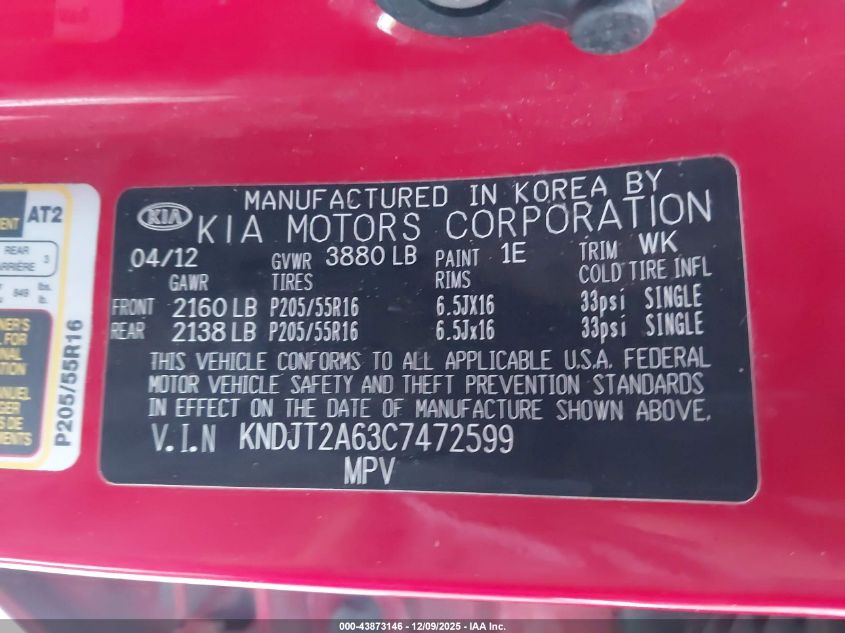 2012 Kia Soul + VIN: KNDJT2A63C7472599 Lot: 43873146