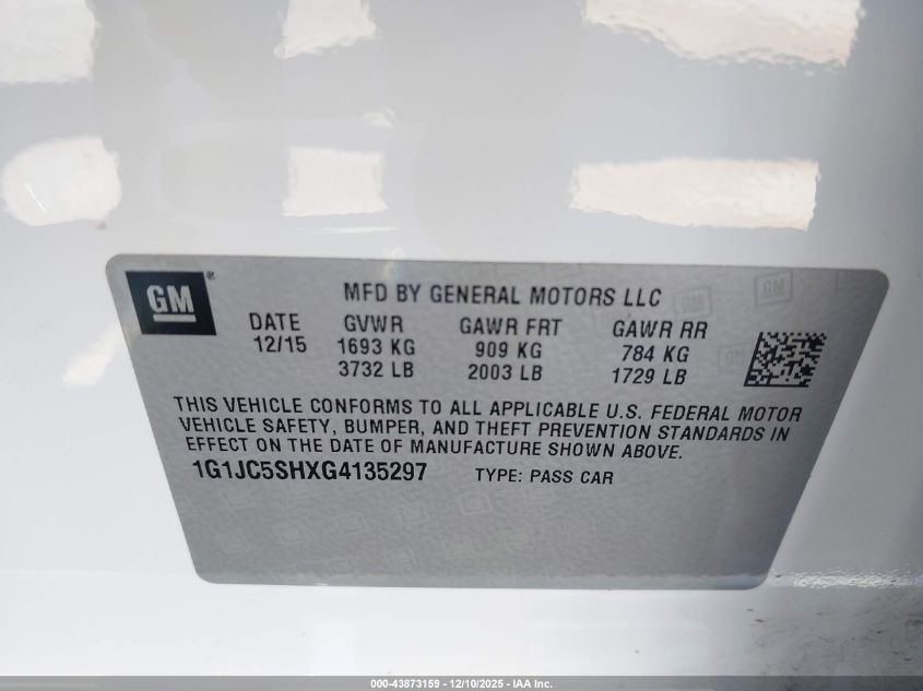 2016 Chevrolet Sonic Lt Auto VIN: 1G1JC5SHXG4135297 Lot: 43873159