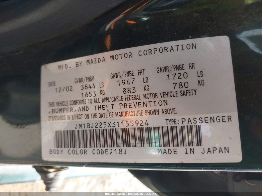 2003 Mazda Protege Dx/Es/Lx VIN: JM1BJ225X31155924 Lot: 43873185