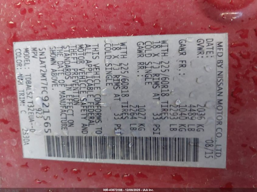 2015 Nissan Rogue Sl VIN: 5N1AT2MT7FC921565 Lot: 43873186