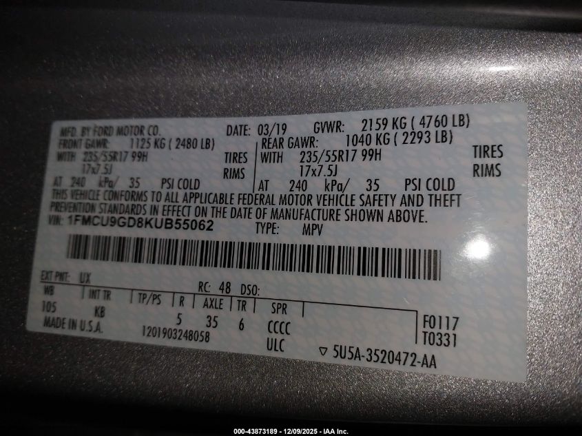 2019 Ford Escape Se VIN: 1FMCU9GD8KUB55062 Lot: 43873189