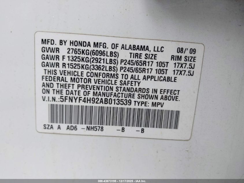 2010 Honda Pilot Touring VIN: 5FNYF4H92AB013539 Lot: 43873195