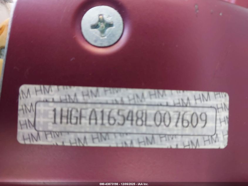 2008 Honda Civic Lx VIN: 1HGFA16548L007609 Lot: 43873198