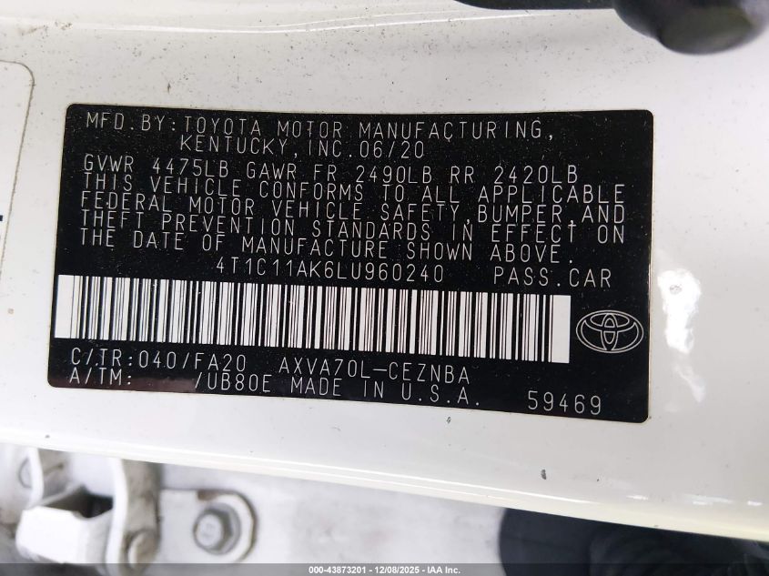2020 Toyota Camry Le VIN: 4T1C11AK6LU960240 Lot: 43873201