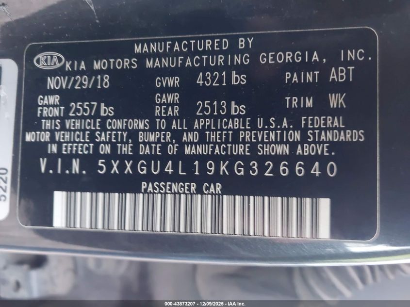 2019 Kia Optima Ex VIN: 5XXGU4L19KG326640 Lot: 43873207