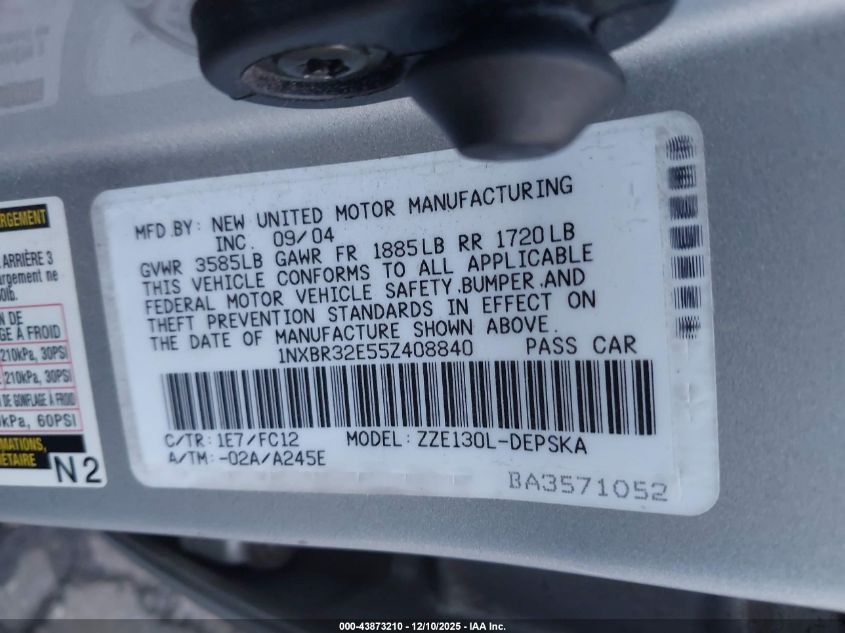 2005 Toyota Corolla S VIN: 1NXBR32E55Z408840 Lot: 43873210