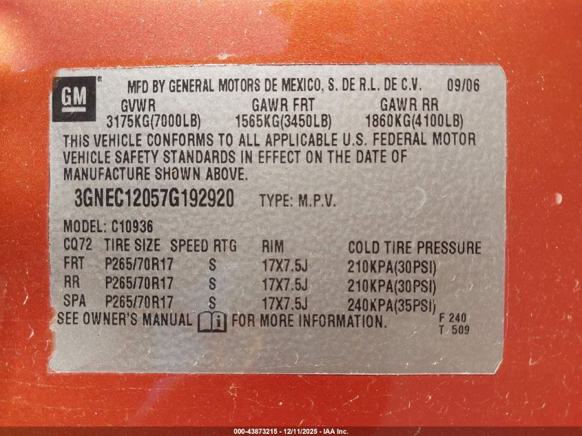 2007 Chevrolet Avalanche 1500 Lt VIN: 3GNEC12057G192920 Lot: 43873215