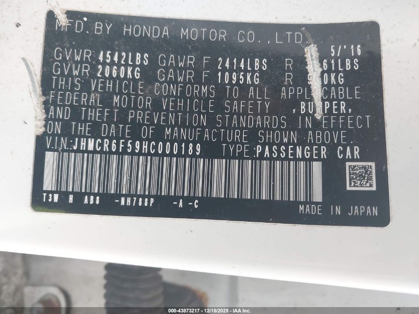 2017 Honda Accord Hybrid Ex-L VIN: JHMCR6F59HC000189 Lot: 43873217