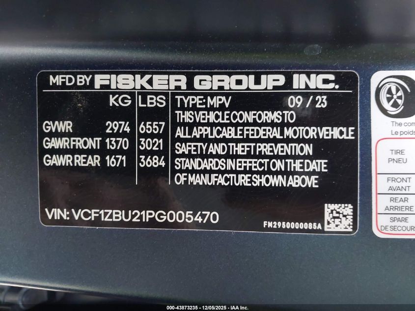 2023 Fisker Ocean One VIN: VCF1ZBU21PG005470 Lot: 43873235