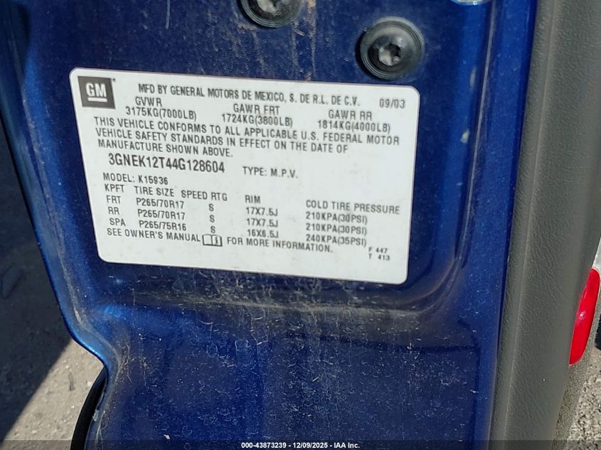 2004 Chevrolet Avalanche K1500 VIN: 3GNEK12T44G128604 Lot: 43873239