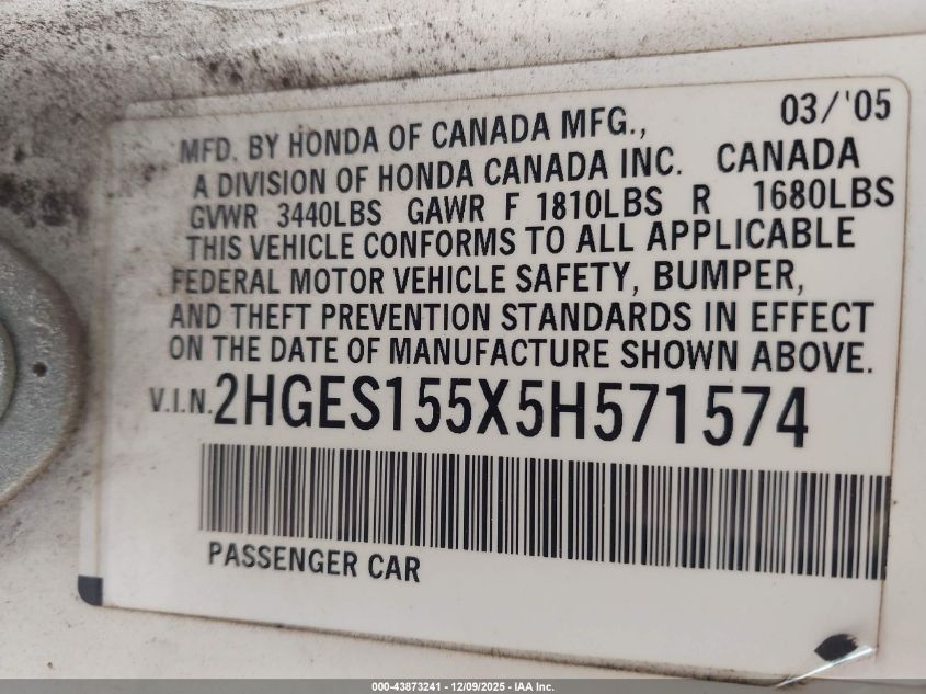 2005 Honda Civic Lx VIN: 2HGES155X5H571574 Lot: 43873241